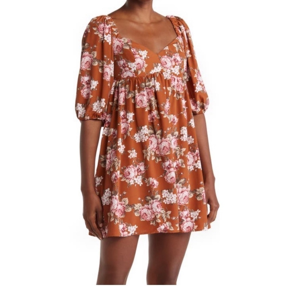 NWT WAYF Orange Floral Puff Sleeve Babydoll Dress with Pockets XS